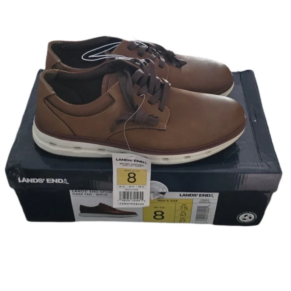 Mens Shoes Lands' End Sport Oxford Dark Tan and White Sz 8